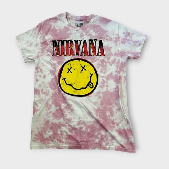 Nirvana Smiley Graphic Band Tee Pink Tie Dye Women’s Size Small Grunge Y2K NWOT - Picture 1 of 4